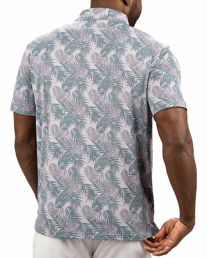 Grey and Green Tropical Palm Print Polo for Golf or Business