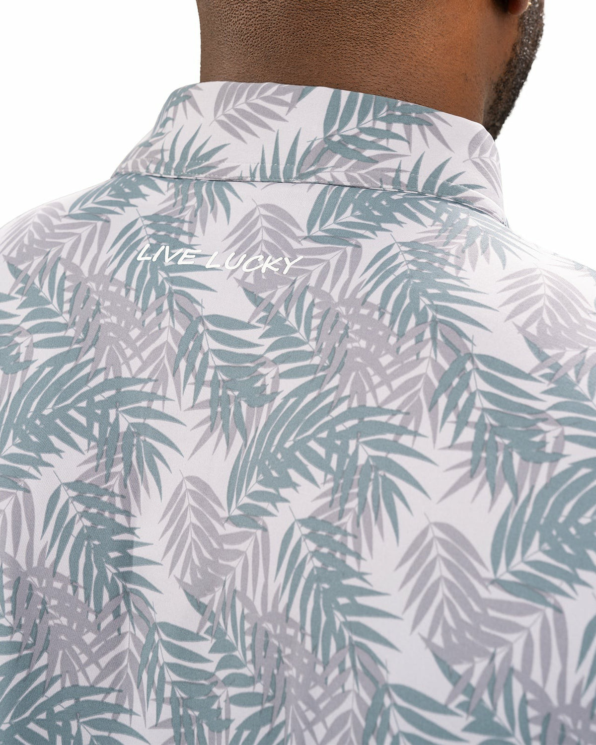 Grey and Green Tropical Palm Print Polo for Golf or Business