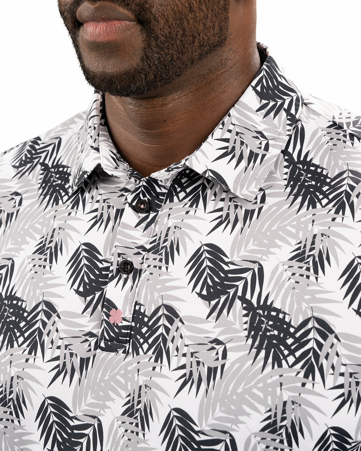 Black and White Tropical Palm Print Polo for Golf or Business