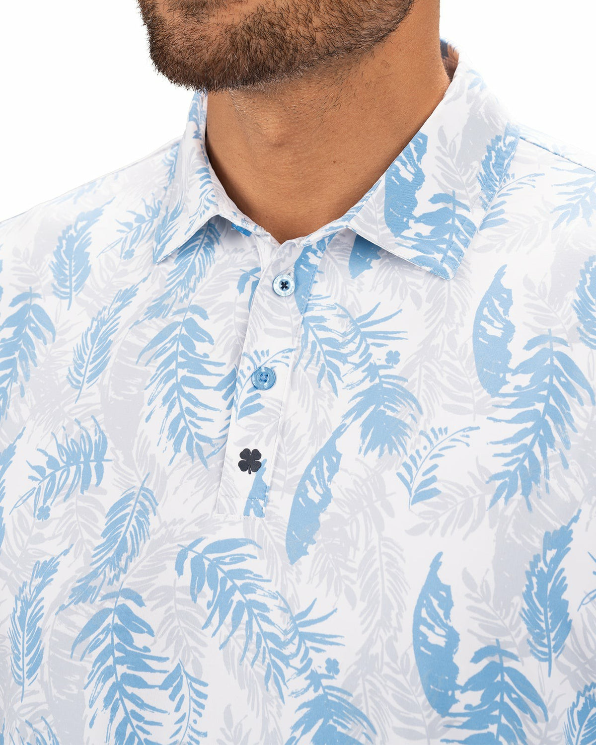 Blue and White Tropical Print Polo for Golf or Business