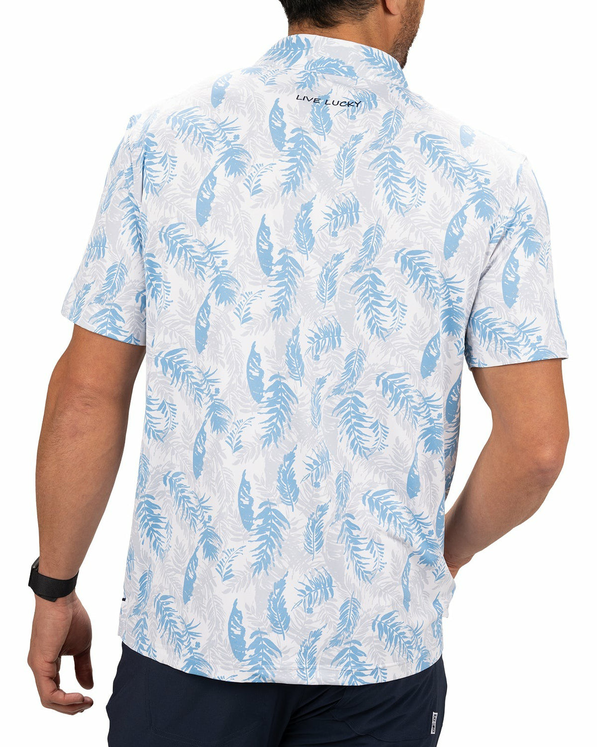 Blue and White Tropical Print Polo for Golf or Business