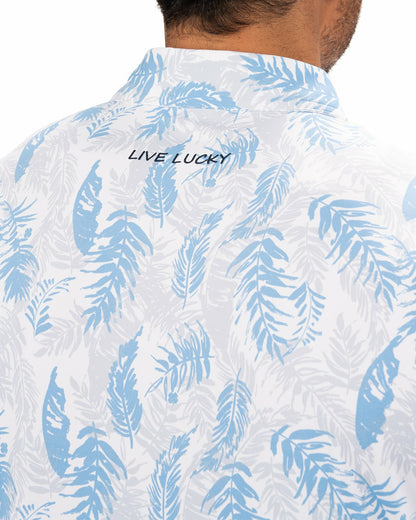 Blue and White Tropical Print Polo for Golf or Business