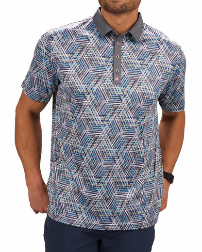 Multi-Colored Modern Print Golf Polo with Light Grey Collar and Placket