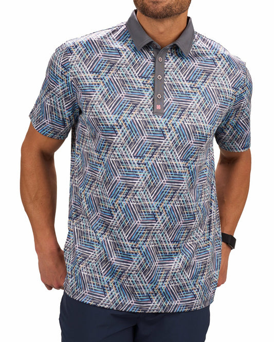 Multi-Colored Modern Print Golf Polo with Light Grey Collar and Placket