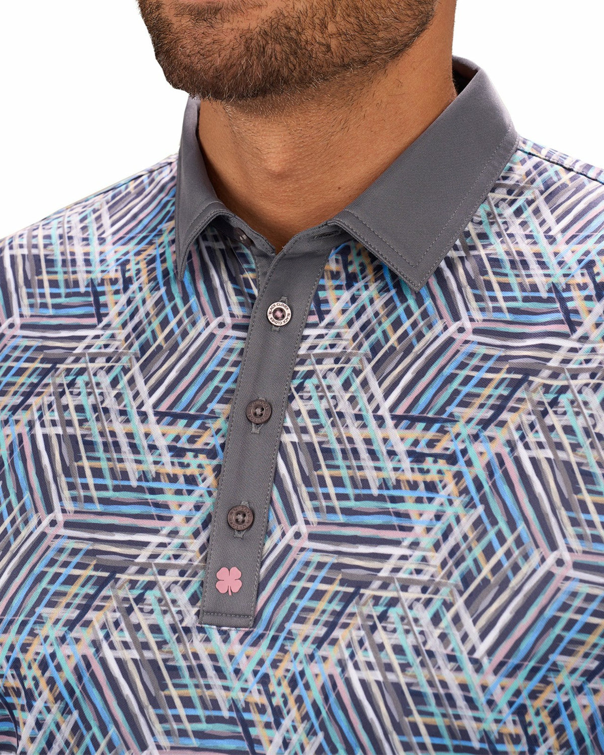 Multi-Colored Modern Print Golf Polo with Light Grey Collar and Placket