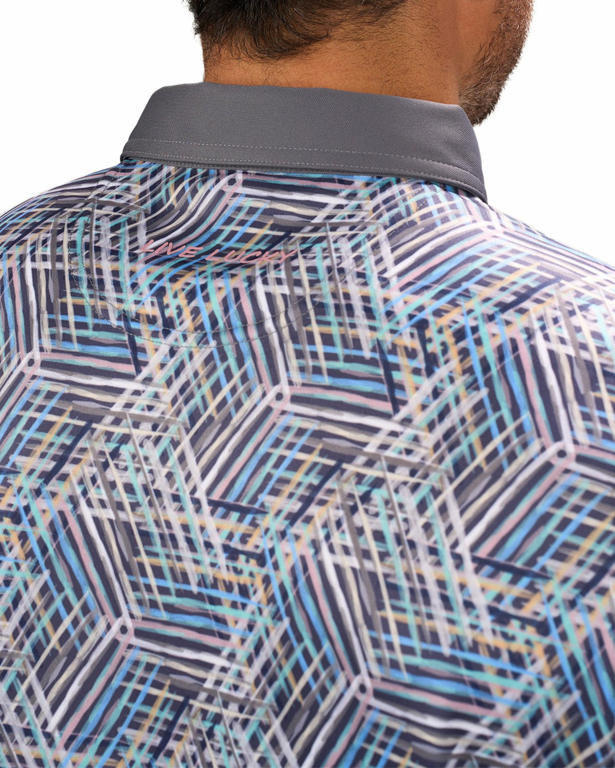 Multi-Colored Modern Print Golf Polo with Light Grey Collar and Placket