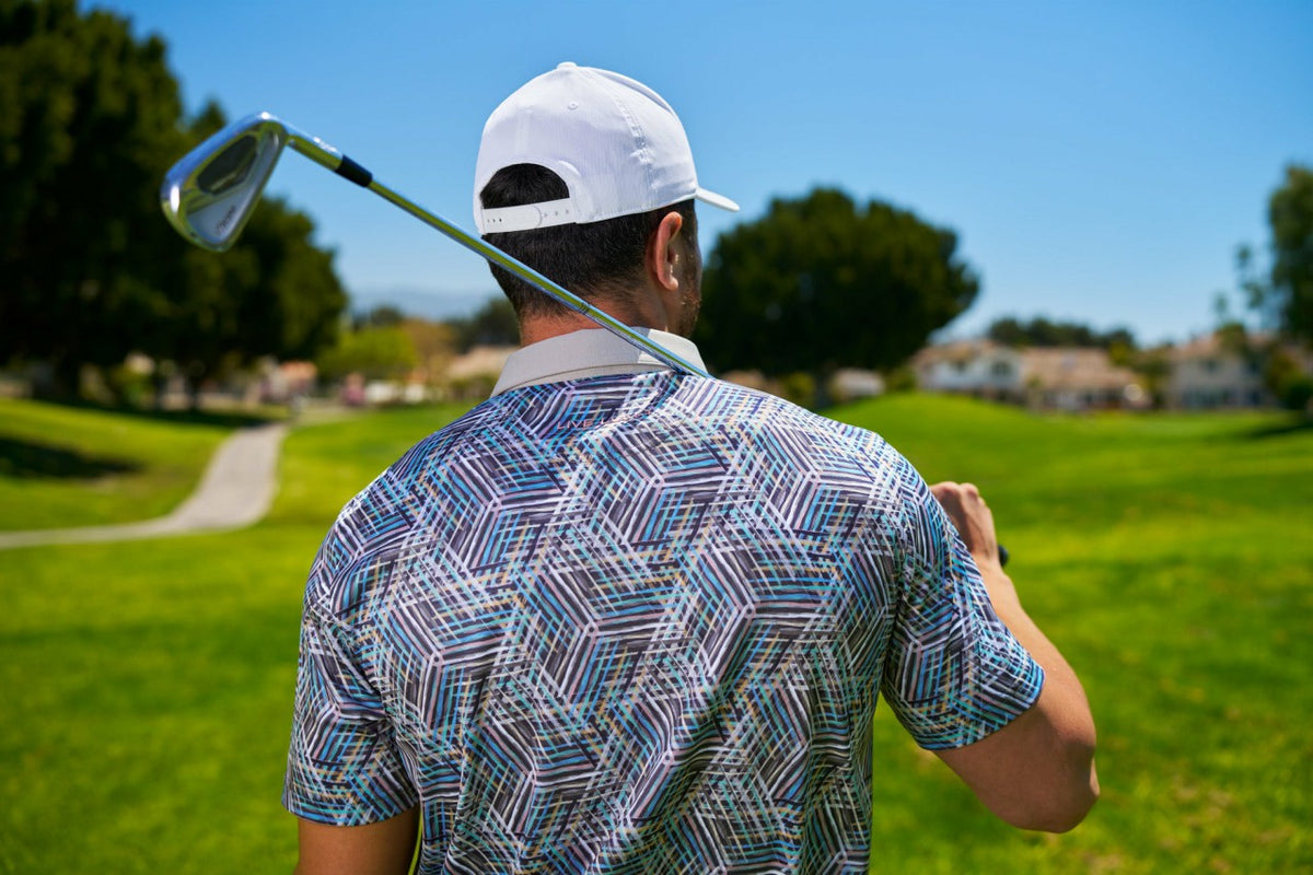 Multi-Colored Modern Print Golf Polo with Light Grey Collar and Placket