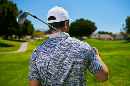Multi-Colored Modern Print Golf Polo with Light Grey Collar and Placket