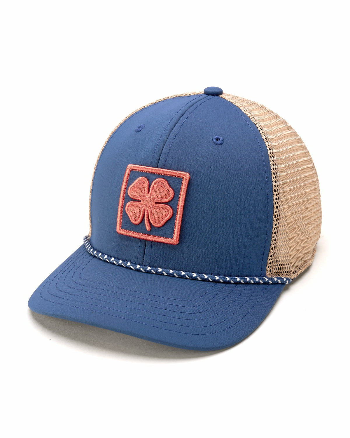 White and Blue Mesh Golf Hat with Clover Icon