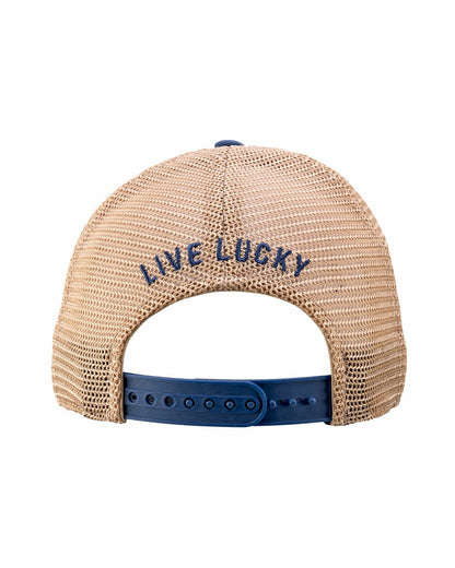White and Blue Mesh Golf Hat with Clover Icon