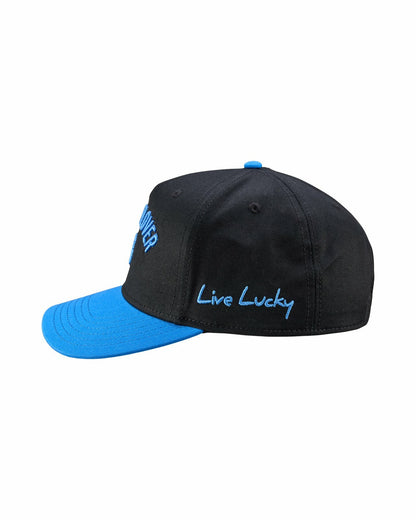 Vintage-Inspired Black Hat with Blue Brim