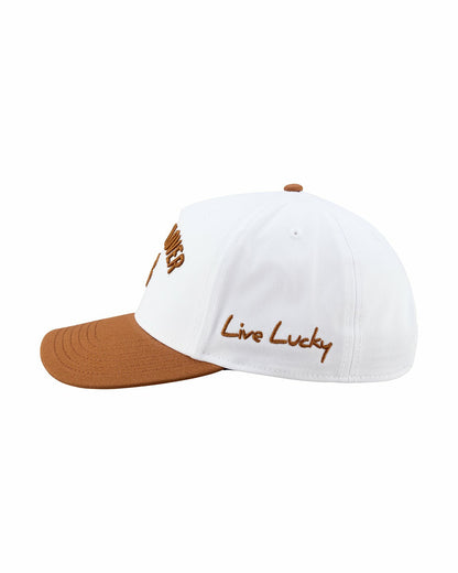 Vintage-Inspired White Hat with Brown Brim