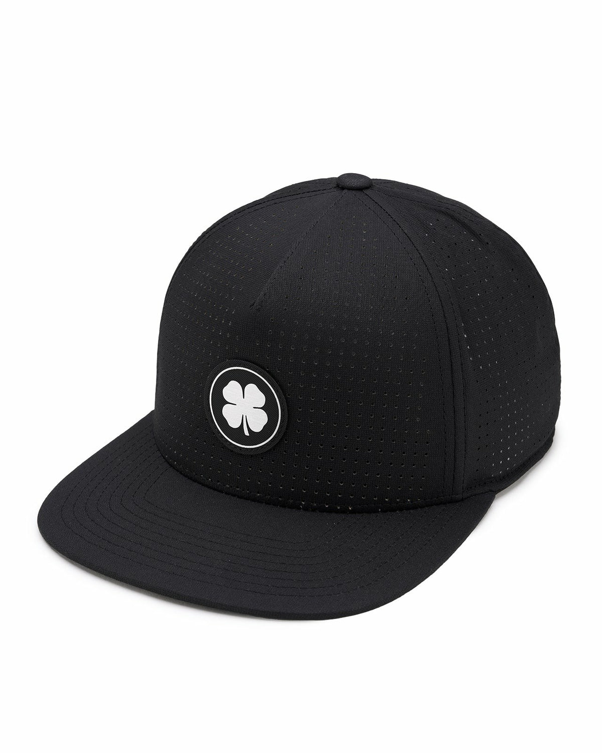 Black Perforated Flatbrim Hat with Silver Clover