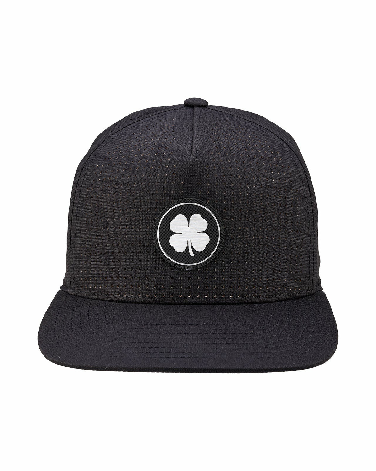 Black Perforated Flatbrim Hat with Silver Clover
