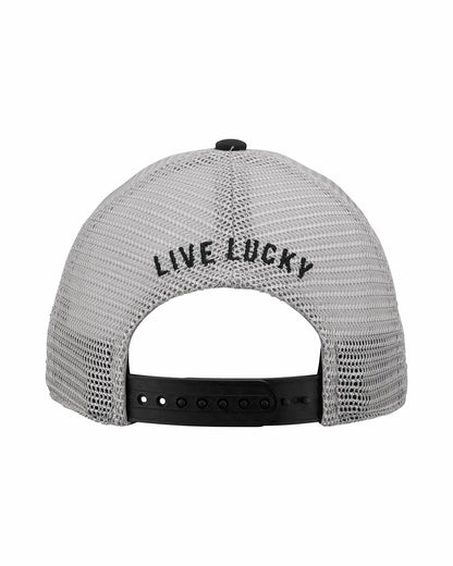Blue and Tan Mesh Golf Hat with Clover Icon