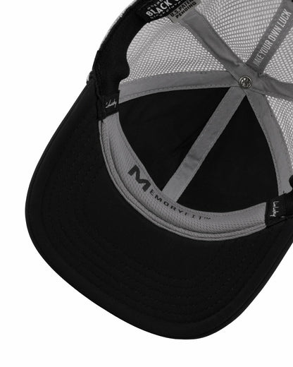 Blue and Tan Mesh Golf Hat with Clover Icon