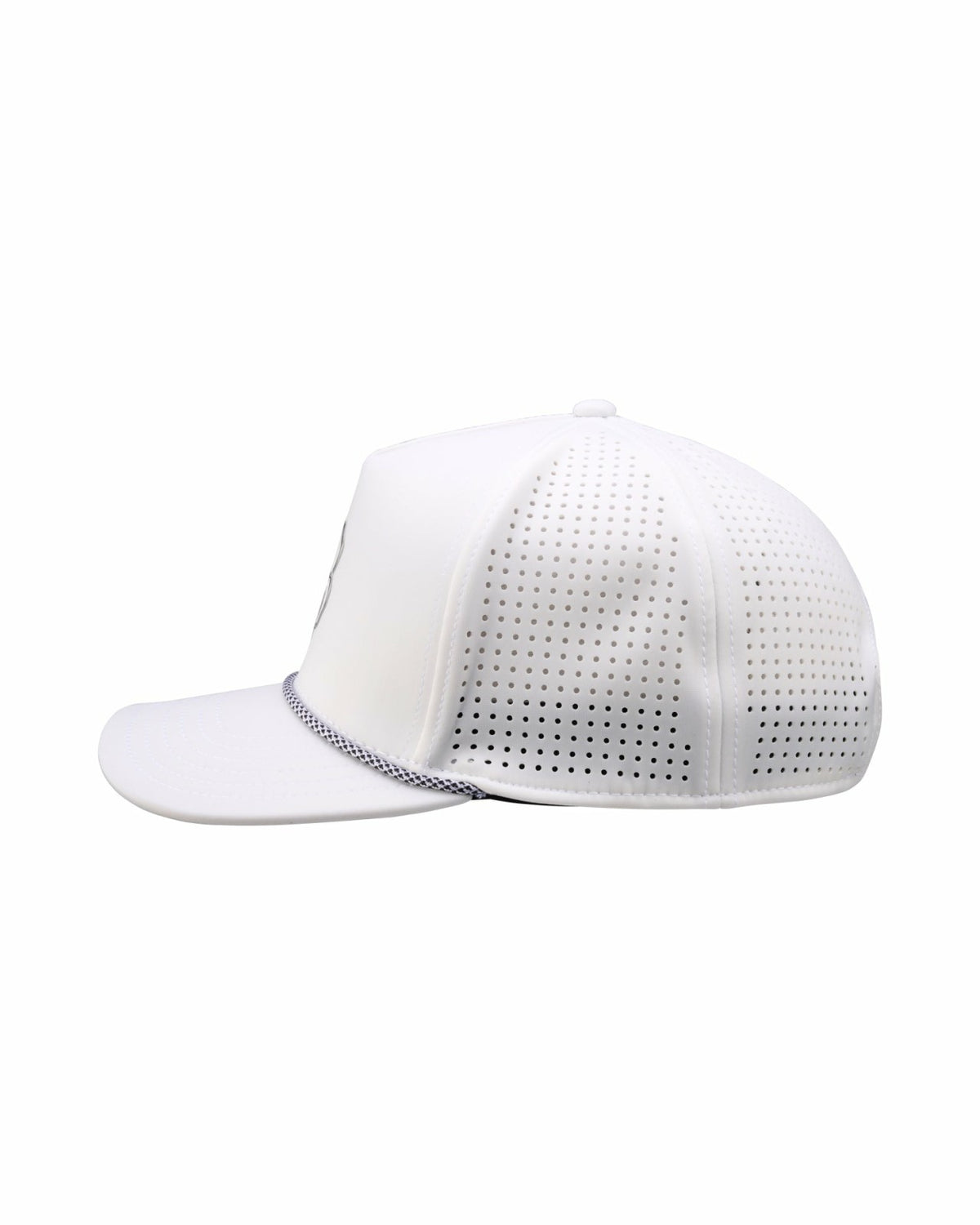 Perforated White Golf Hat with Chrome Clover and Rope