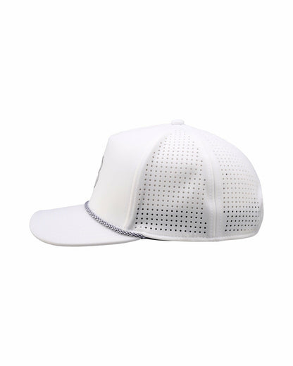 Perforated White Golf Hat with Chrome Clover and Rope