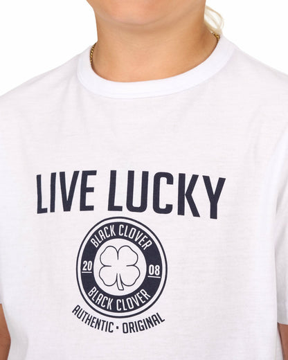 Super Soft Kids' White Graphic Tee with Live Lucky logo