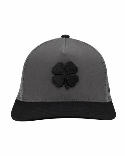 Dark Grey Adjustable Hat with Mesh Back and Black Embroidered Clover