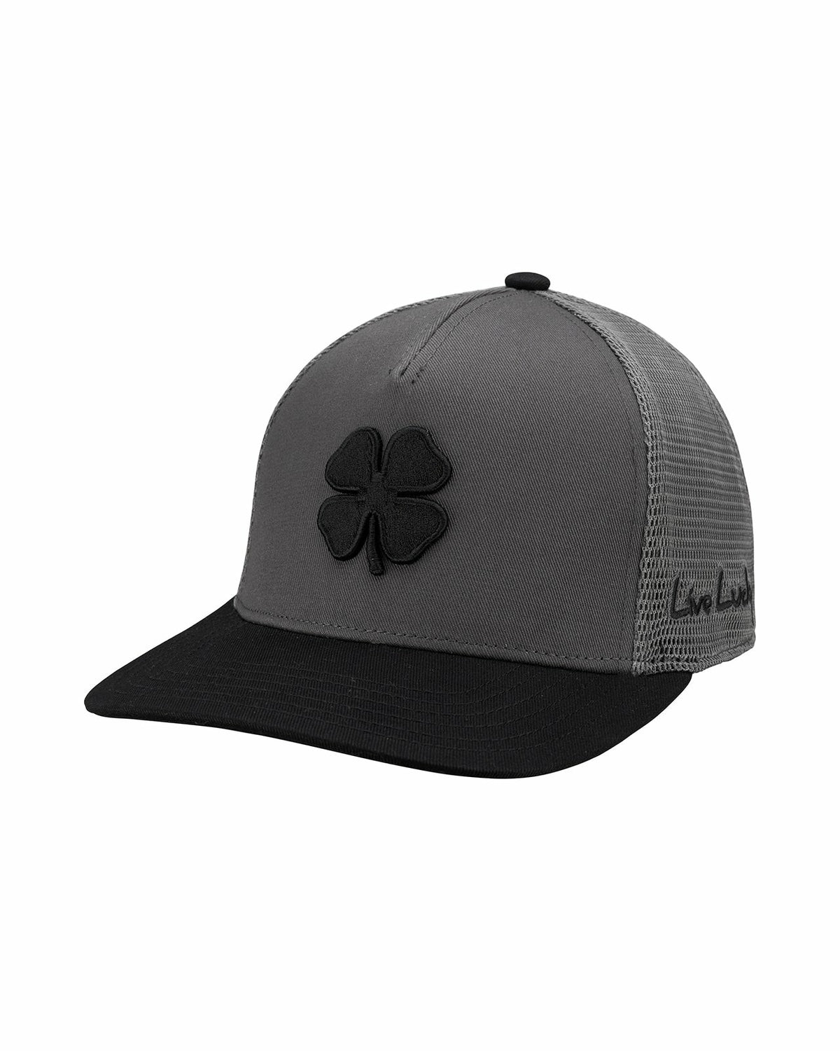 Dark Grey Adjustable Hat with Mesh Back and Black Embroidered Clover
