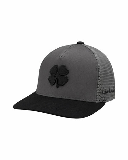 Dark Grey Adjustable Hat with Mesh Back and Black Embroidered Clover