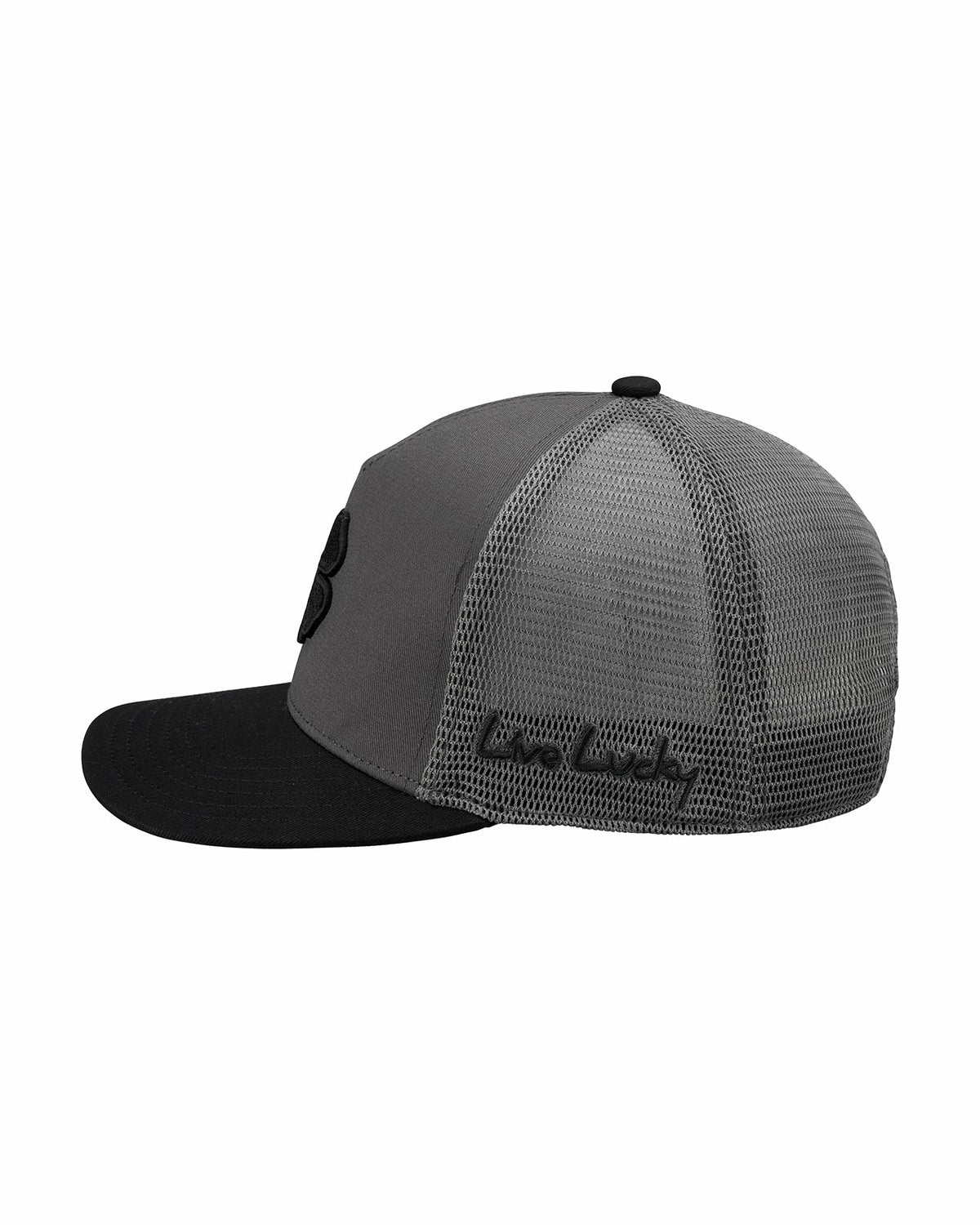 Dark Grey Adjustable Hat with Mesh Back and Black Embroidered Clover