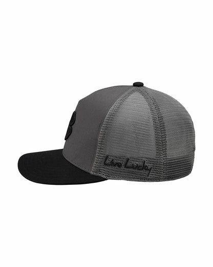 Dark Grey Adjustable Hat with Mesh Back and Black Embroidered Clover