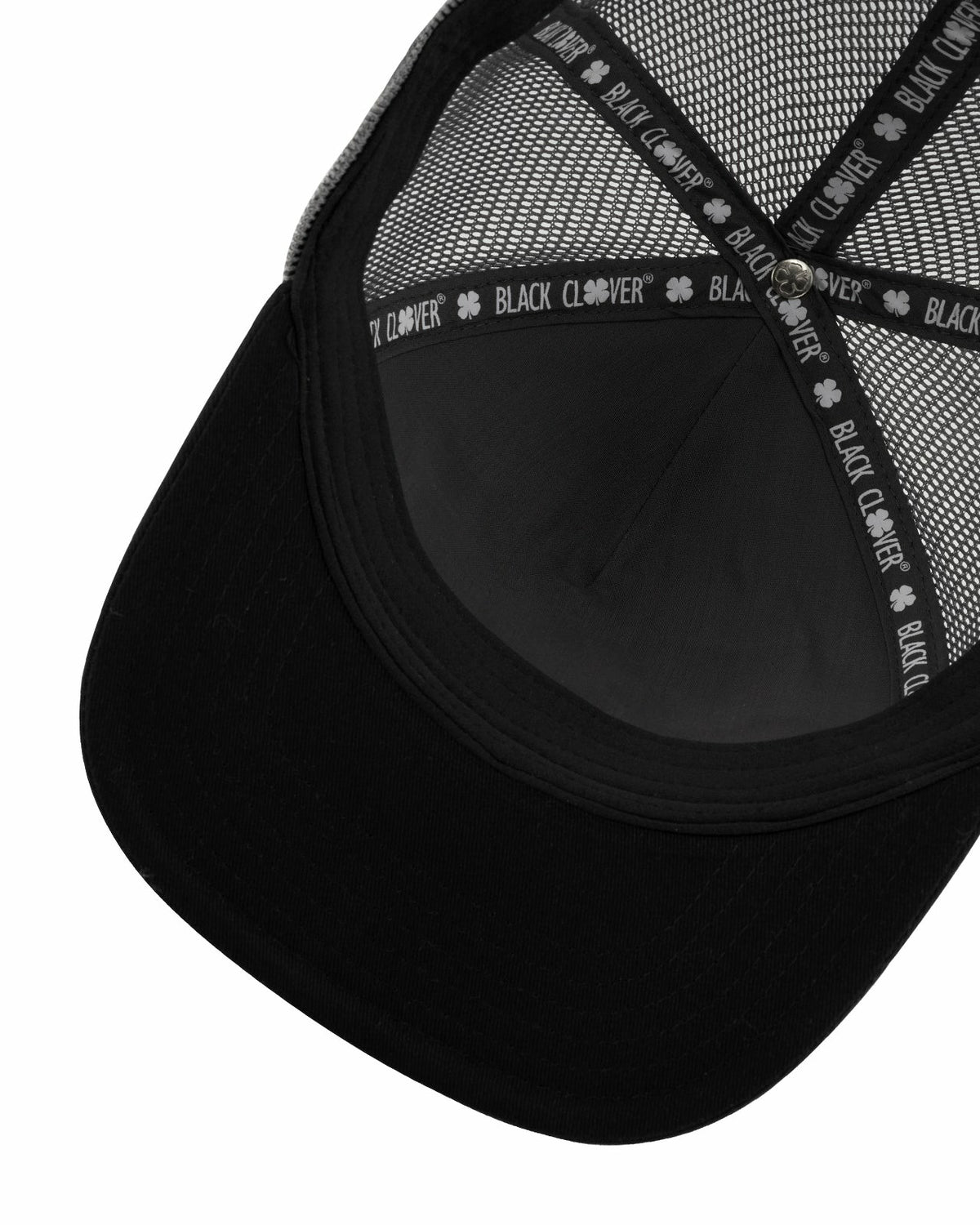 Dark Grey Adjustable Hat with Mesh Back and Black Embroidered Clover
