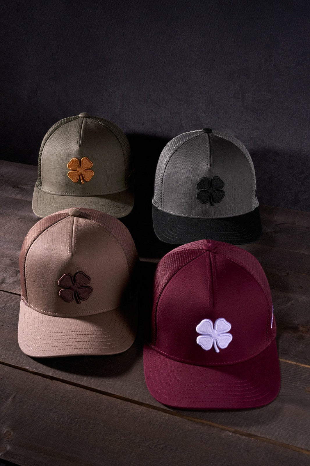Brown Adjustable Hat with Mesh Back and Embroidered Clover
