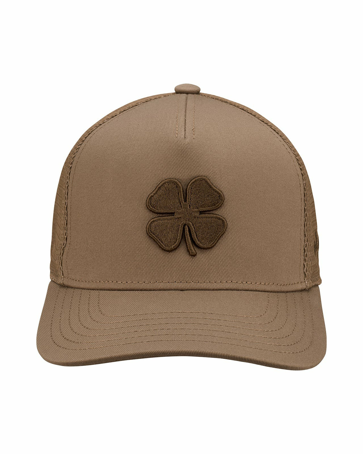 Brown Adjustable Hat with Mesh Back and Embroidered Clover