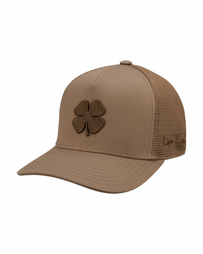Brown Adjustable Hat with Mesh Back and Embroidered Clover