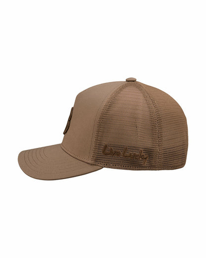 Brown Adjustable Hat with Mesh Back and Embroidered Clover