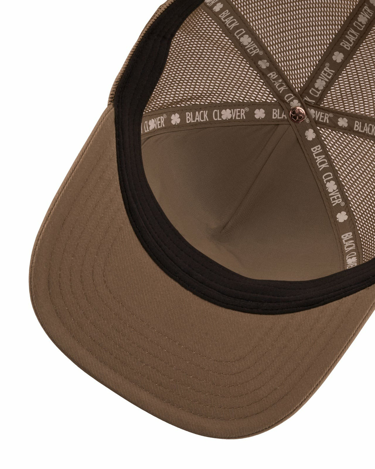 Brown Adjustable Hat with Mesh Back and Embroidered Clover
