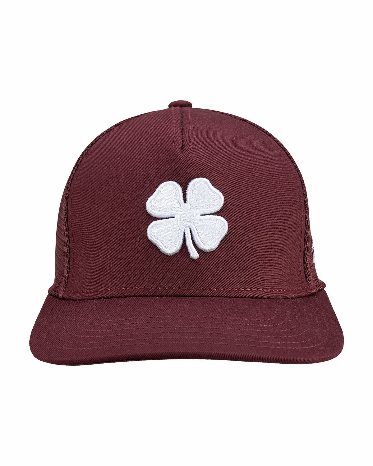 Dark Red Adjustable Hat with Mesh Back and White Embroidered Clover