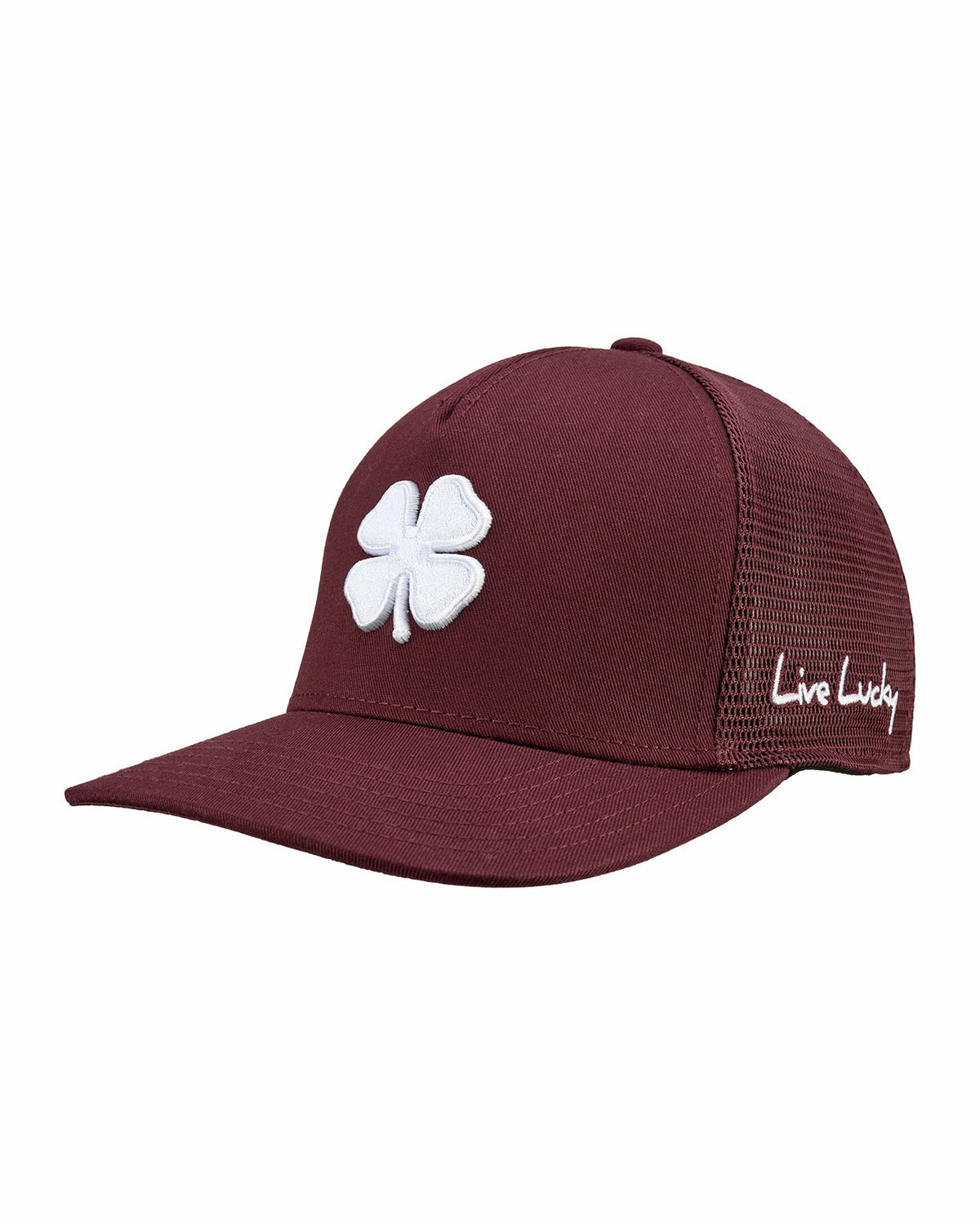 Dark Red Adjustable Hat with Mesh Back and White Embroidered Clover