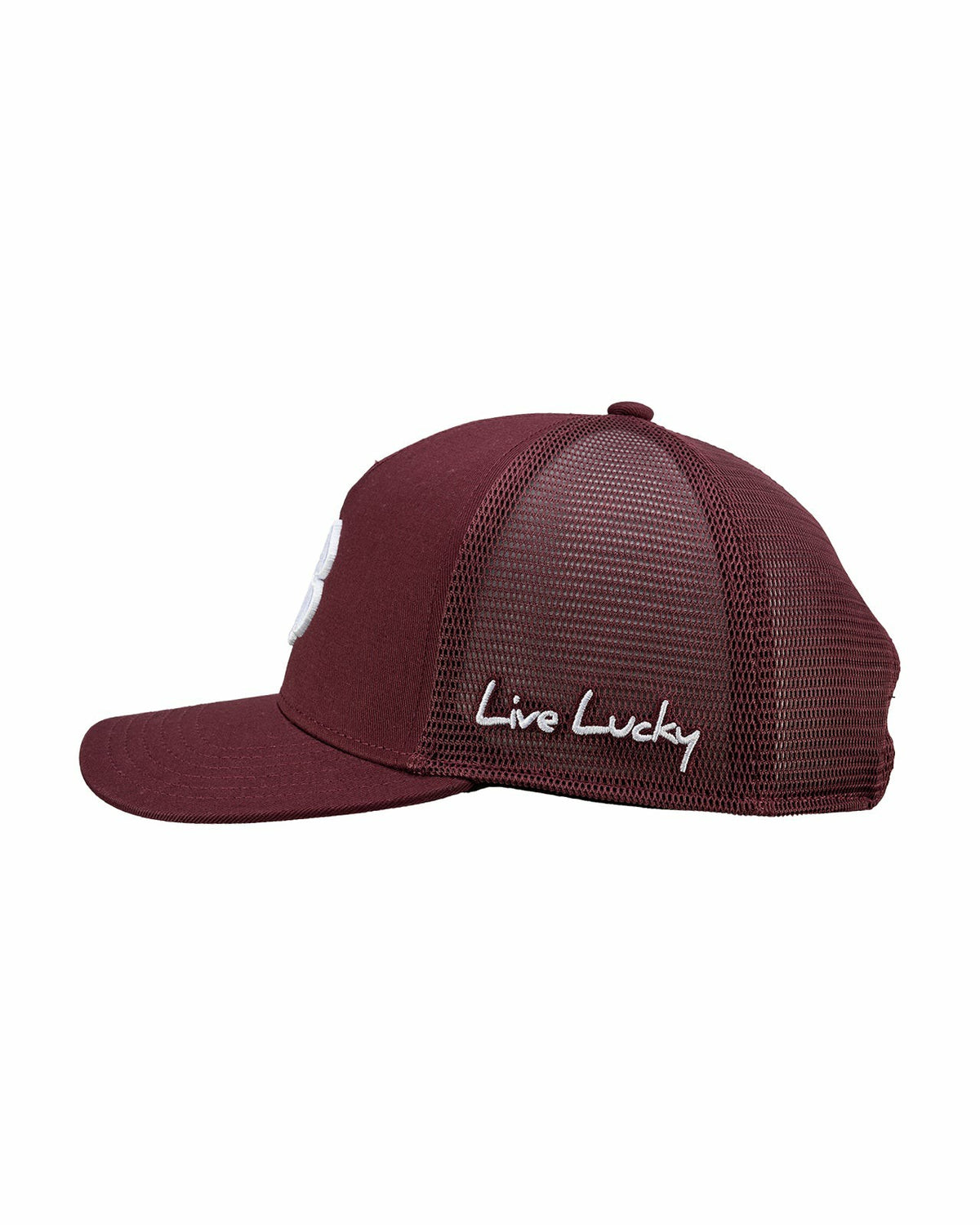 Dark Red Adjustable Hat with Mesh Back and White Embroidered Clover