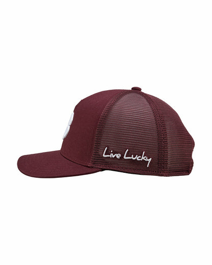 Dark Red Adjustable Hat with Mesh Back and White Embroidered Clover