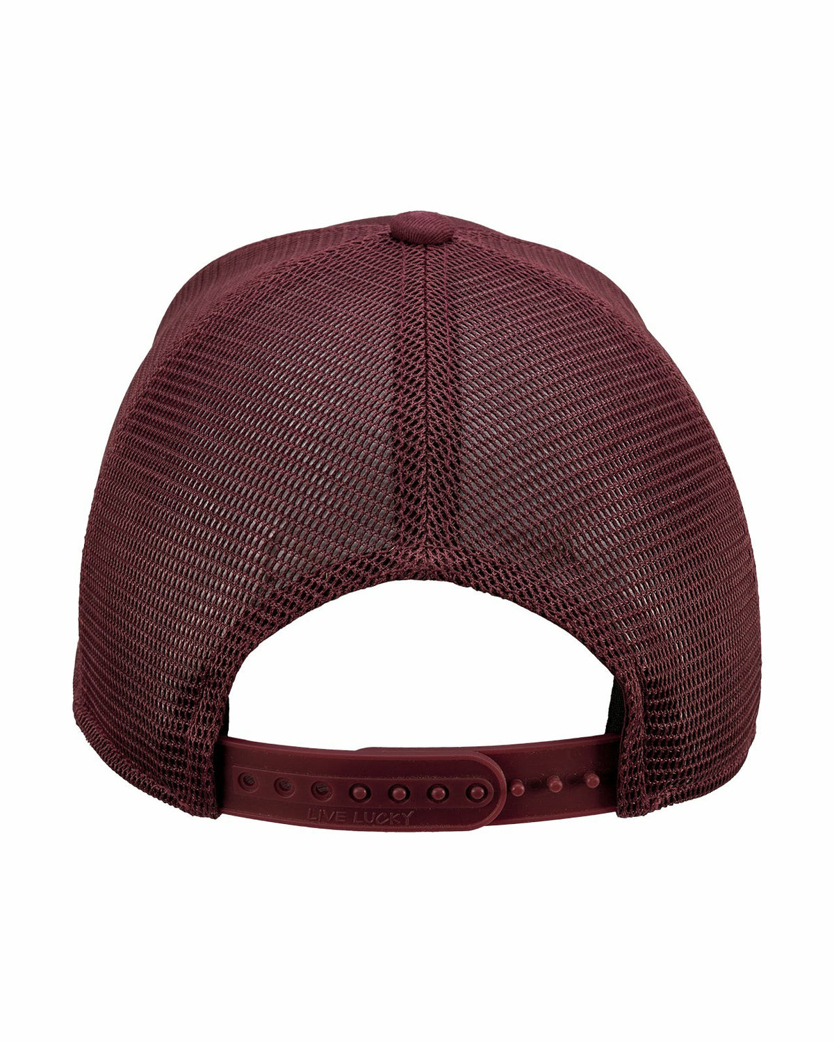 Dark Red Adjustable Hat with Mesh Back and White Embroidered Clover