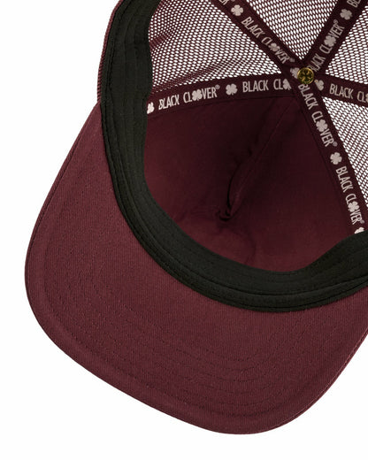 Dark Red Adjustable Hat with Mesh Back and White Embroidered Clover