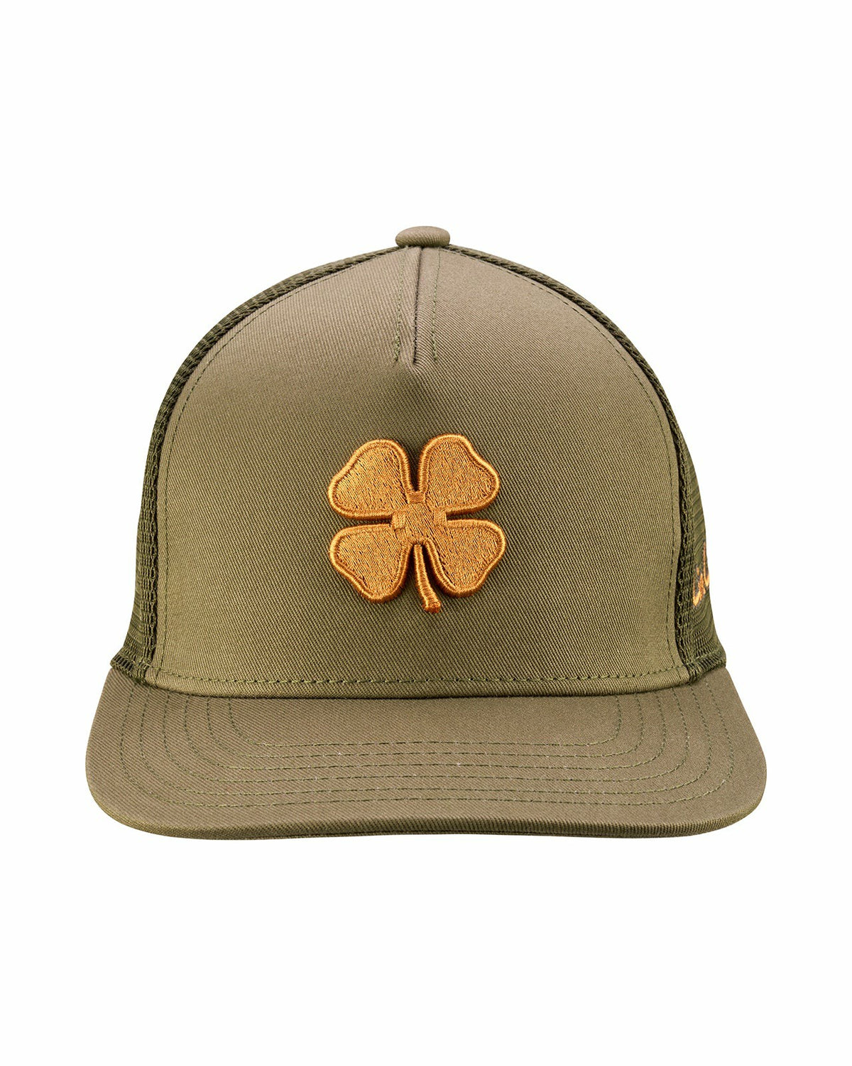 Dark Green Adjustable Hat with Breathable Mesh Back and Brown Embroidered Clover