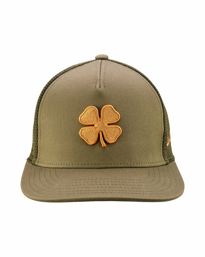 Dark Green Adjustable Hat with Breathable Mesh Back and Brown Embroidered Clover