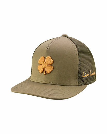 Dark Green Adjustable Hat with Breathable Mesh Back and Brown Embroidered Clover