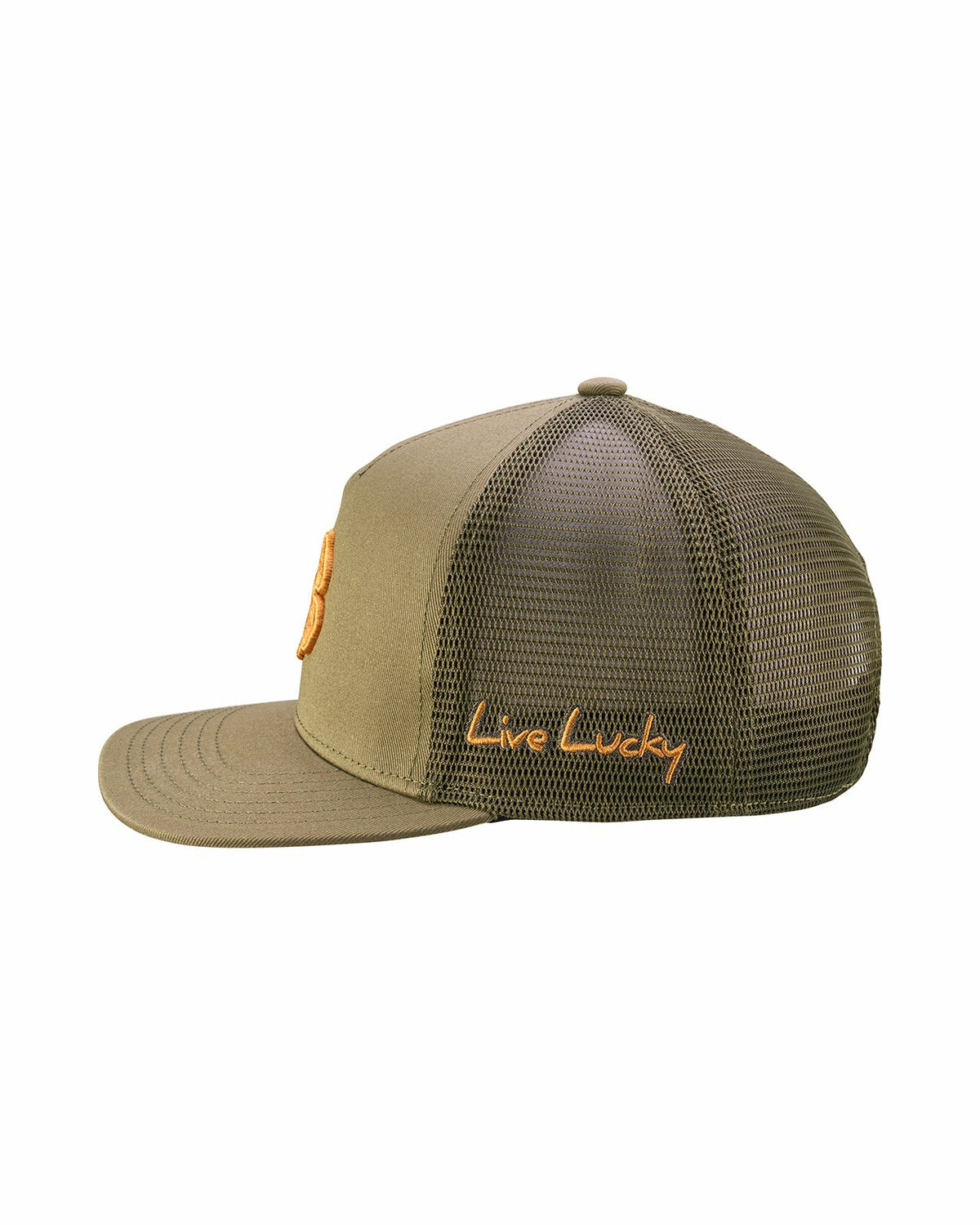 Dark Green Adjustable Hat with Breathable Mesh Back and Brown Embroidered Clover
