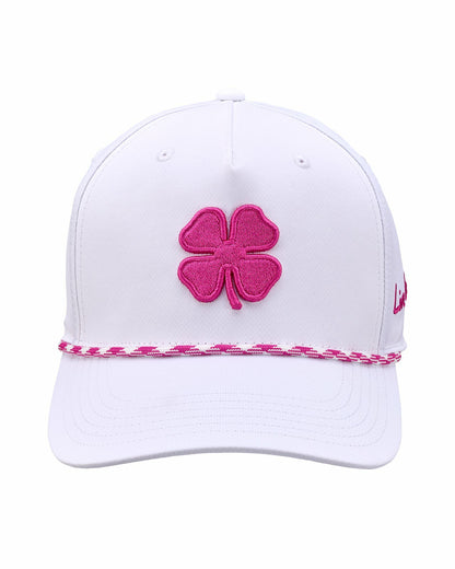 Unisex White Summer Rope Snapback Hat with Pink Clover Logo
