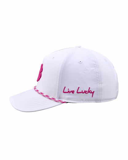 Unisex White Summer Rope Snapback Hat with Pink Clover Logo