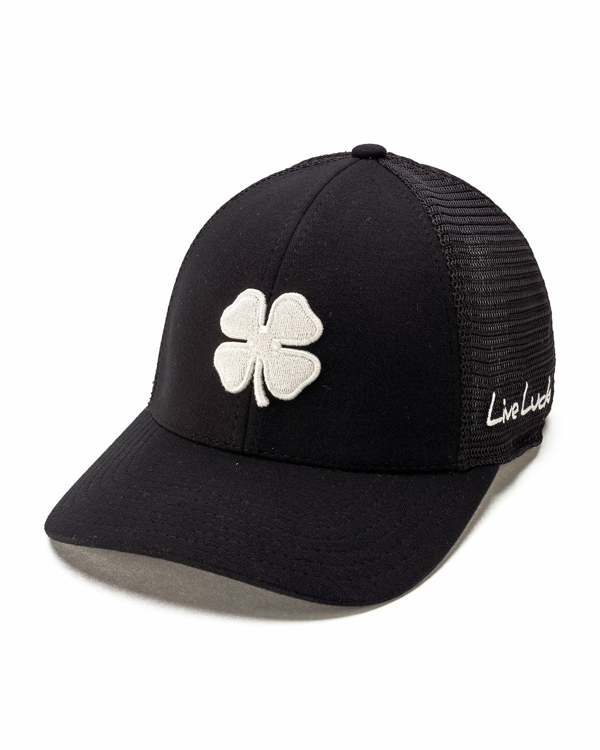 White and Black Mesh Golf Hat with Clover Logo