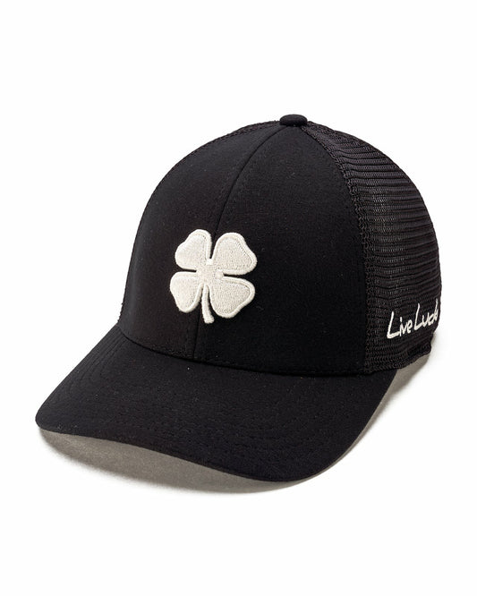 White and Black Mesh Golf Hat with Clover Logo