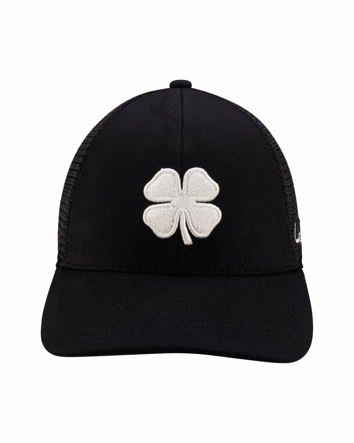 White and Black Mesh Golf Hat with Clover Logo