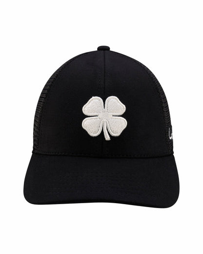 White and Black Mesh Golf Hat with Clover Logo